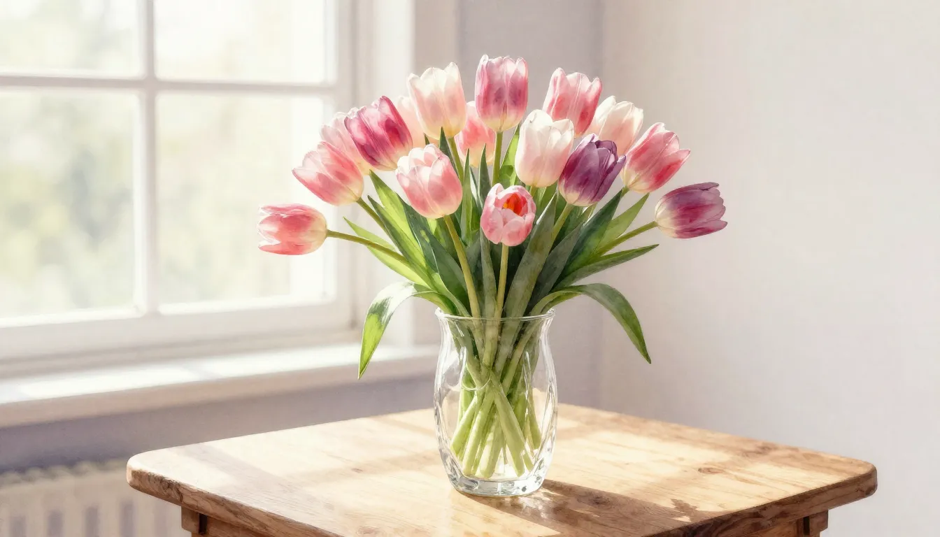 Watercolor style. Still life with a large bouquet of tulips ...