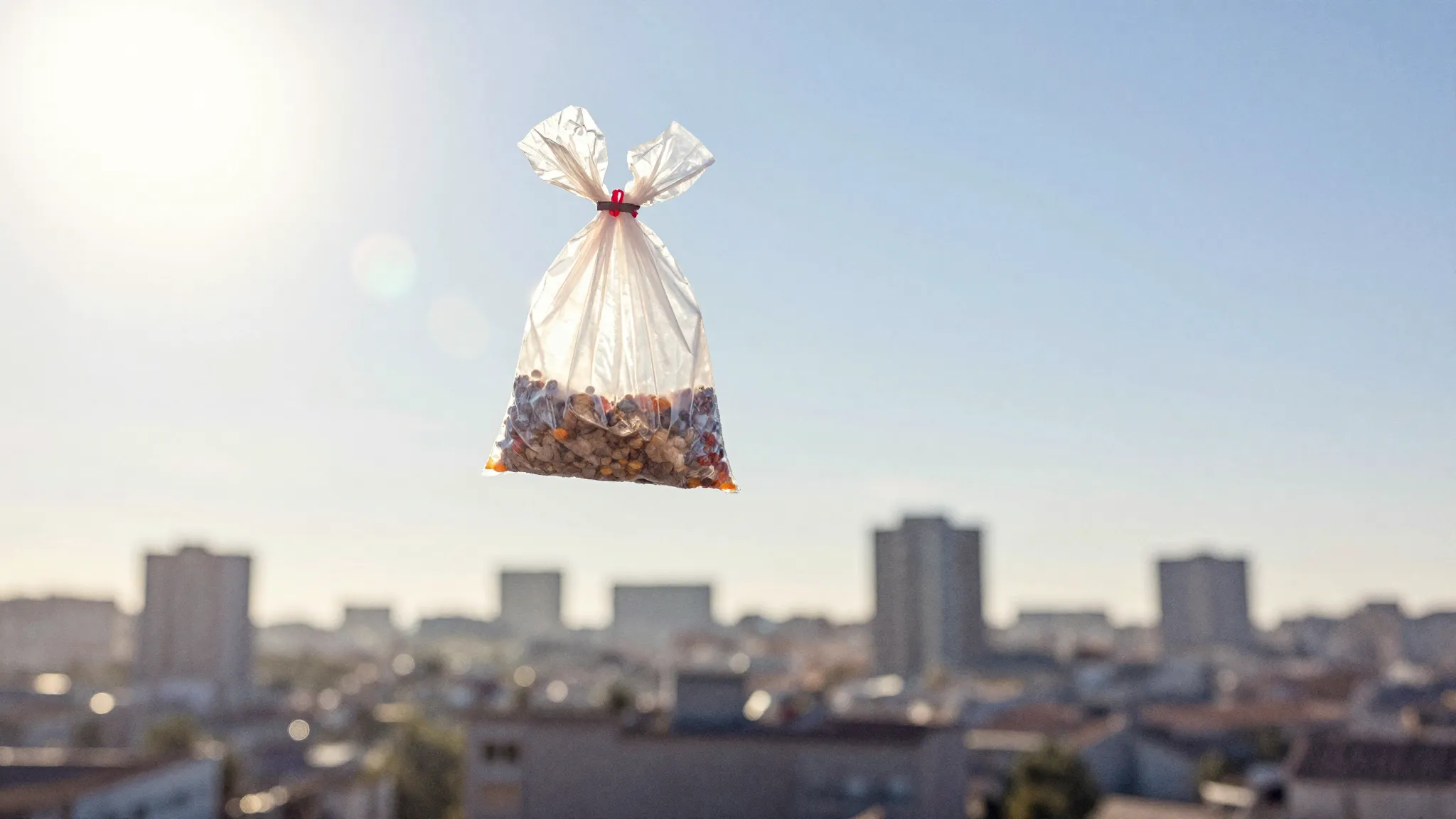 Watercolor style. A small empty plastic bag flying high in t...