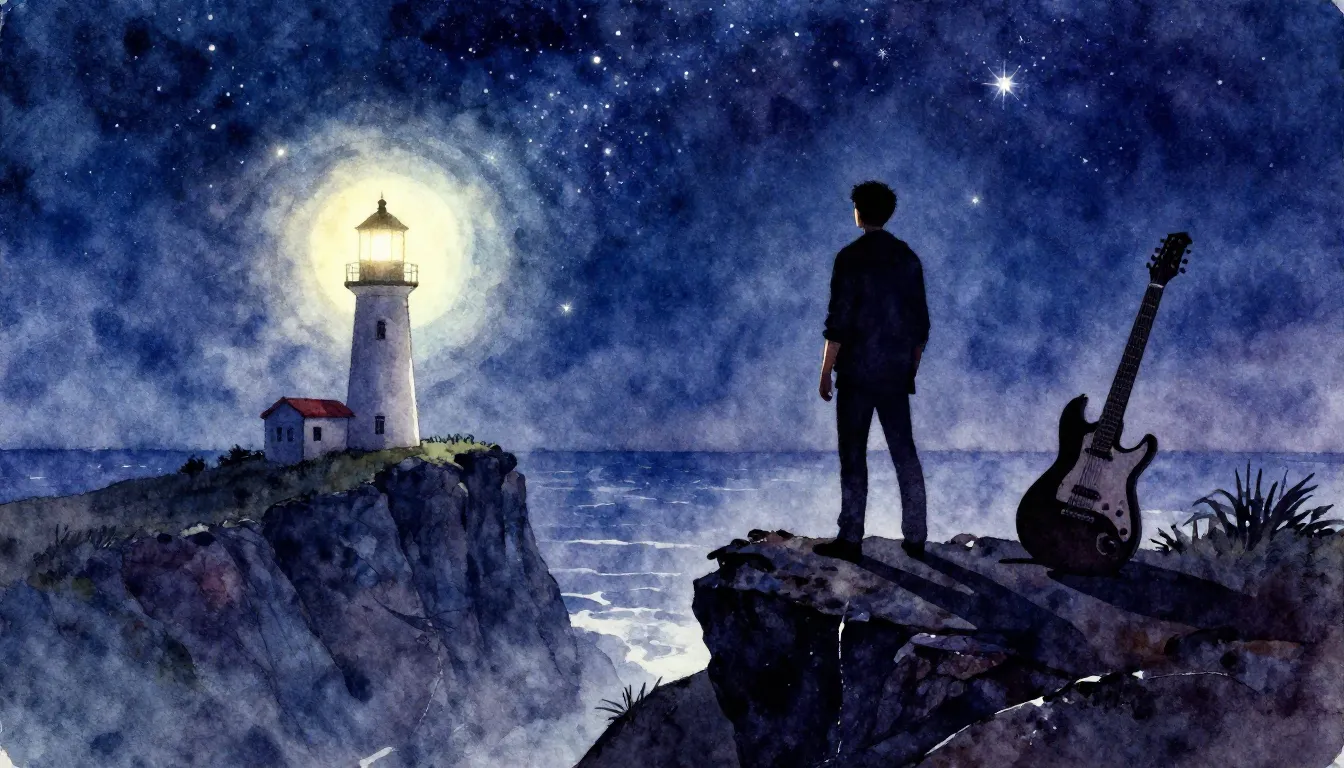 Vibrant watercolor style. Rock album cover, a dark silhouett...