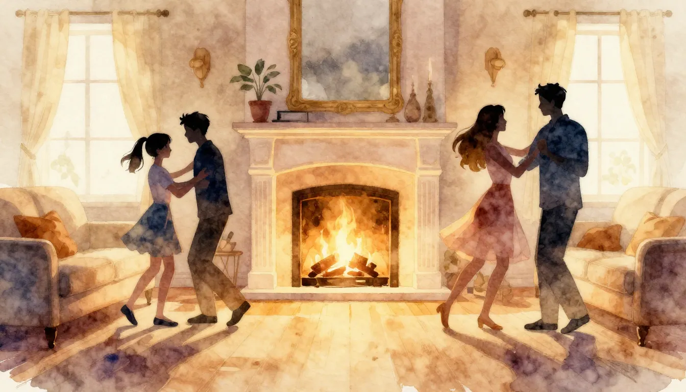 Watercolor style. A warm cozy living room with a glowing fir...