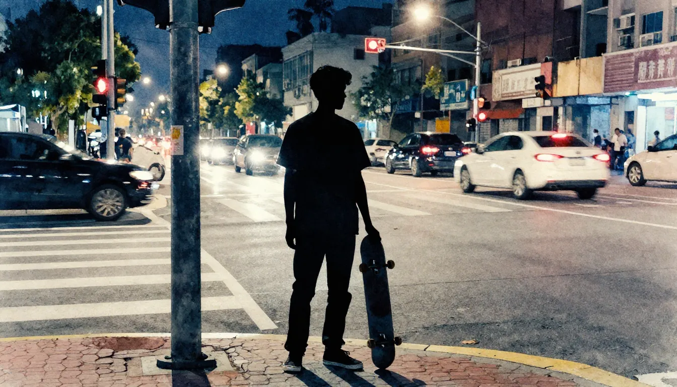 Watercolor style. A silhouette of a teenager holding a skate...