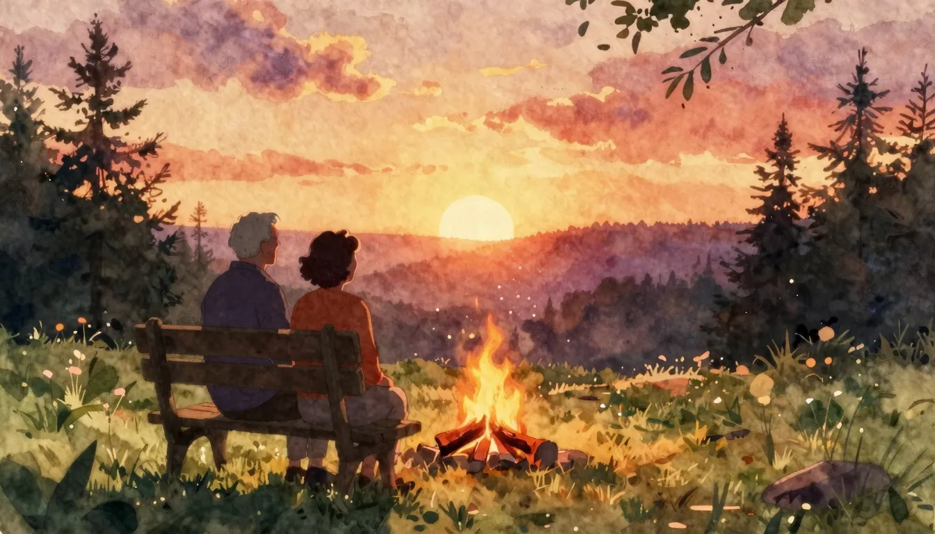 Vibrant watercolor style. A nostalgic scene of a cozy backya...