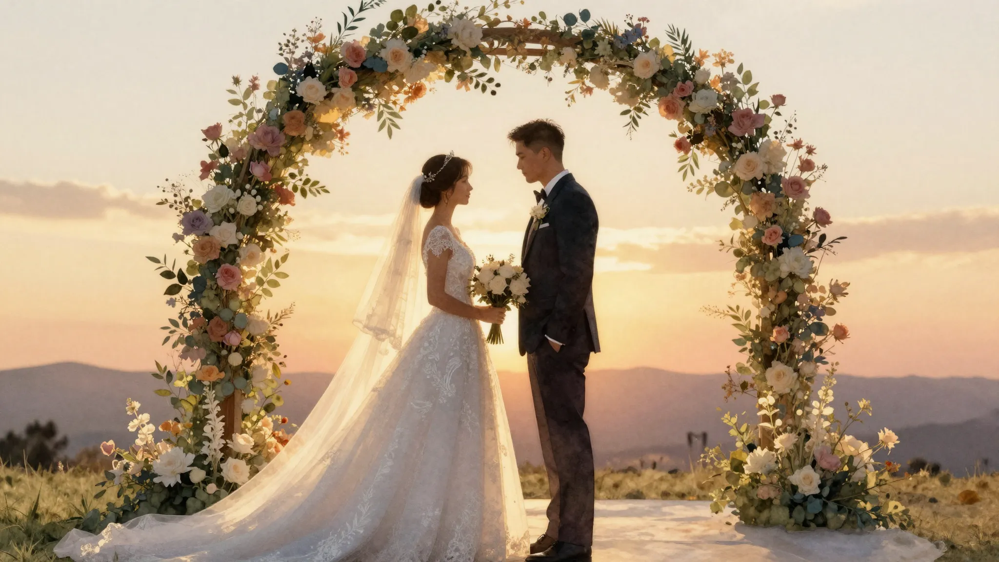Watercolor style. A beautiful silhouette of a bride and groo...
