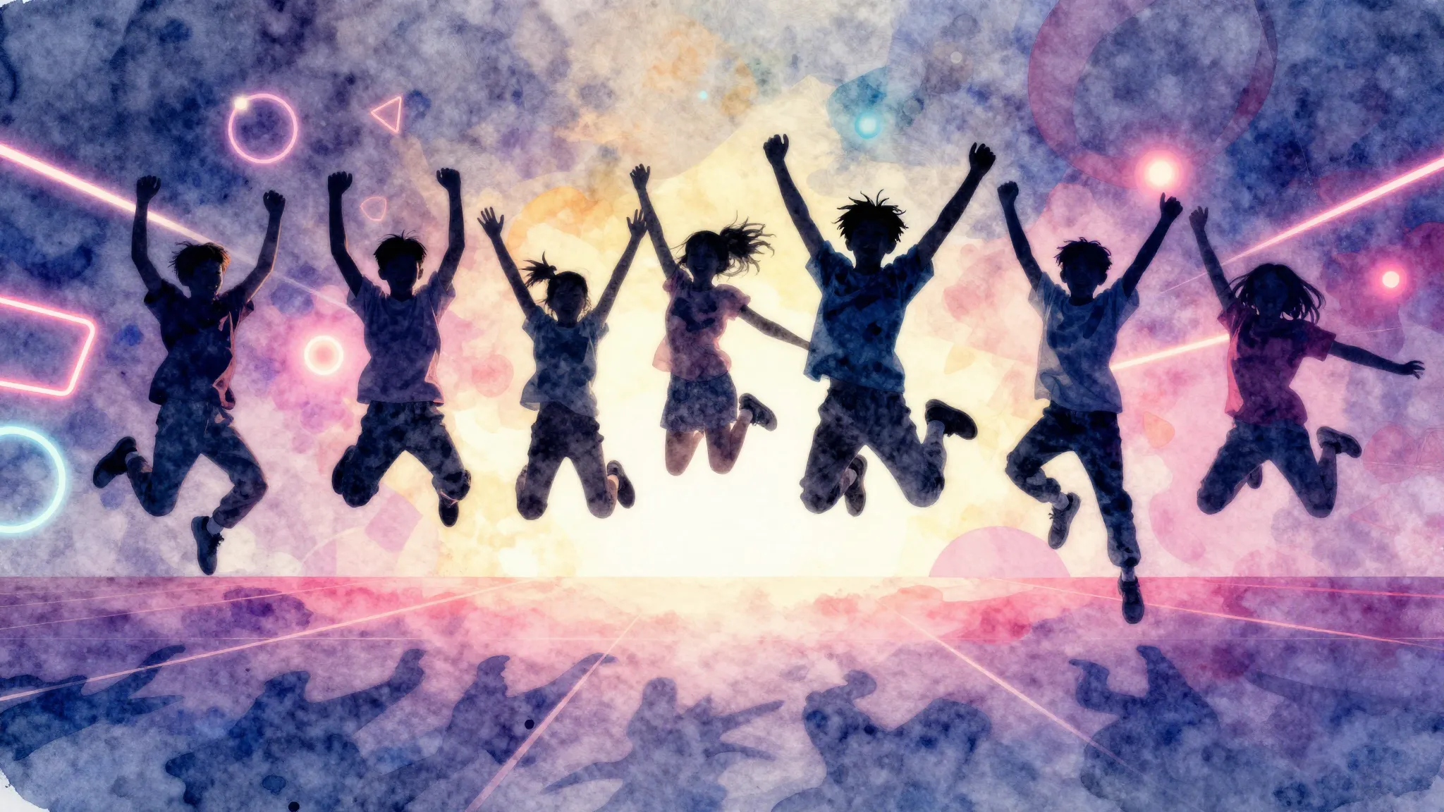 Watercolor style. Silhouette of children jumping happily, gl...