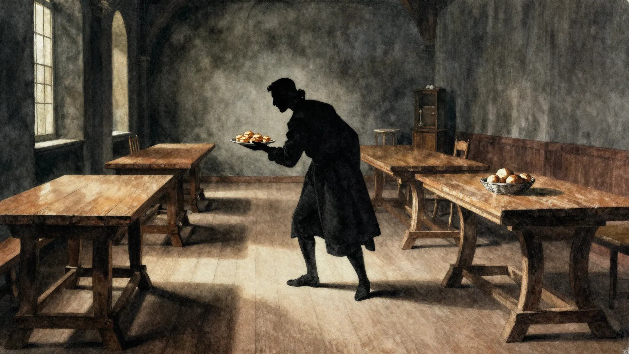 Watercolor style. A dark dining hall with long wooden tables...