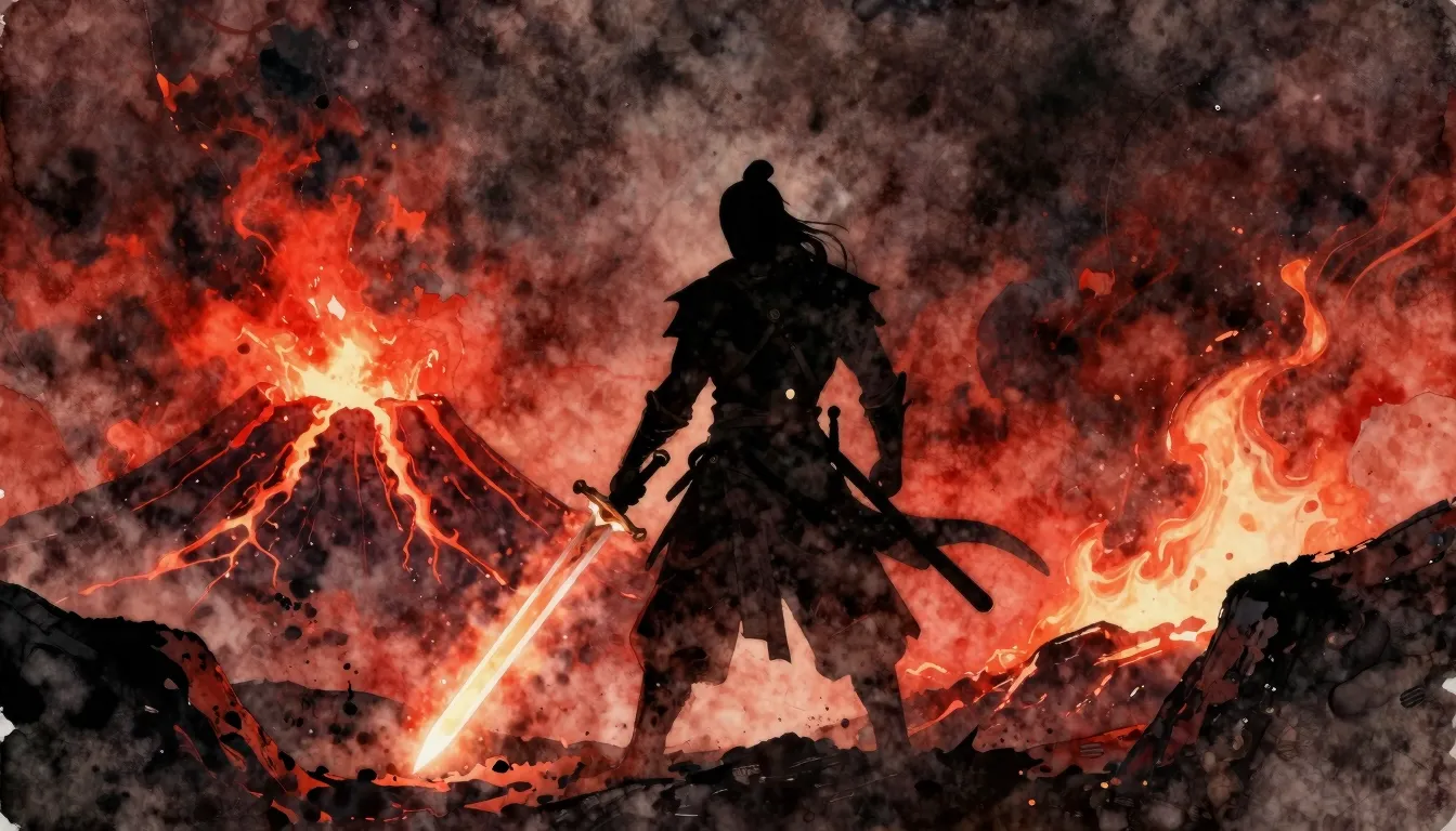 Watercolor style. Dark silhouette of a warrior holding a glo...