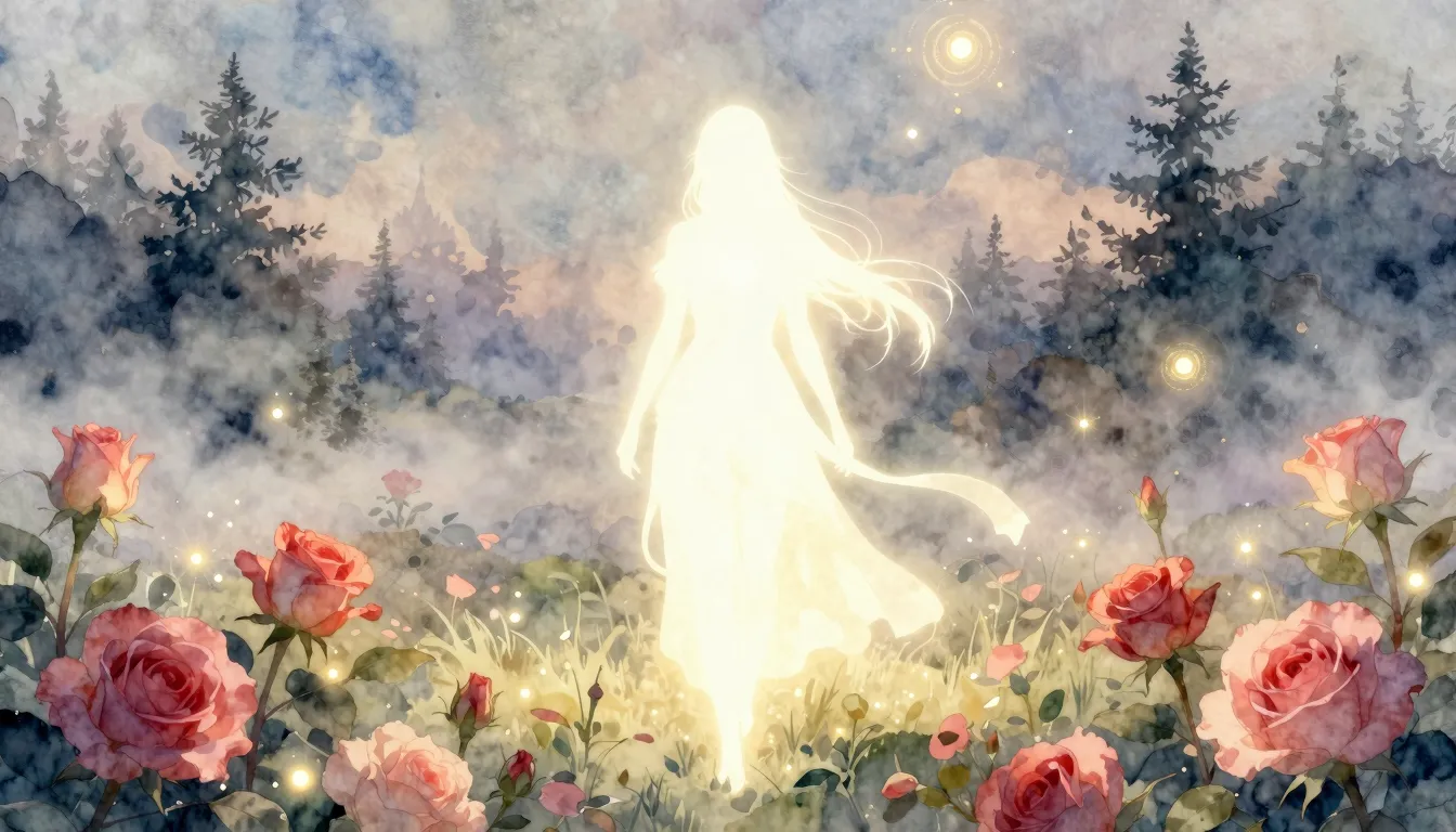 Watercolor style. A glowing silhouette of a mystical figure ...