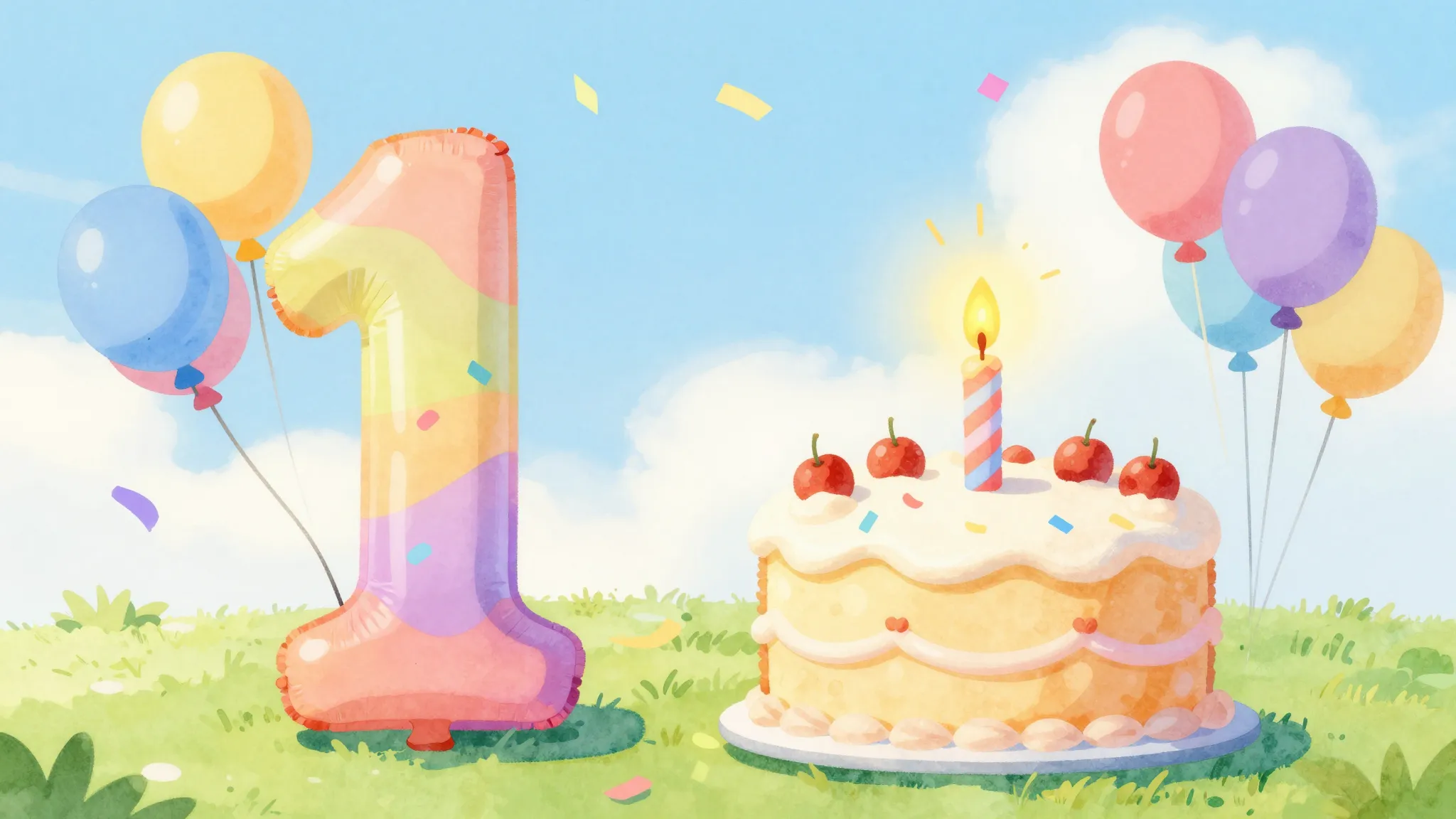 Vibrant watercolor style. A cute and colorful birthday illus...