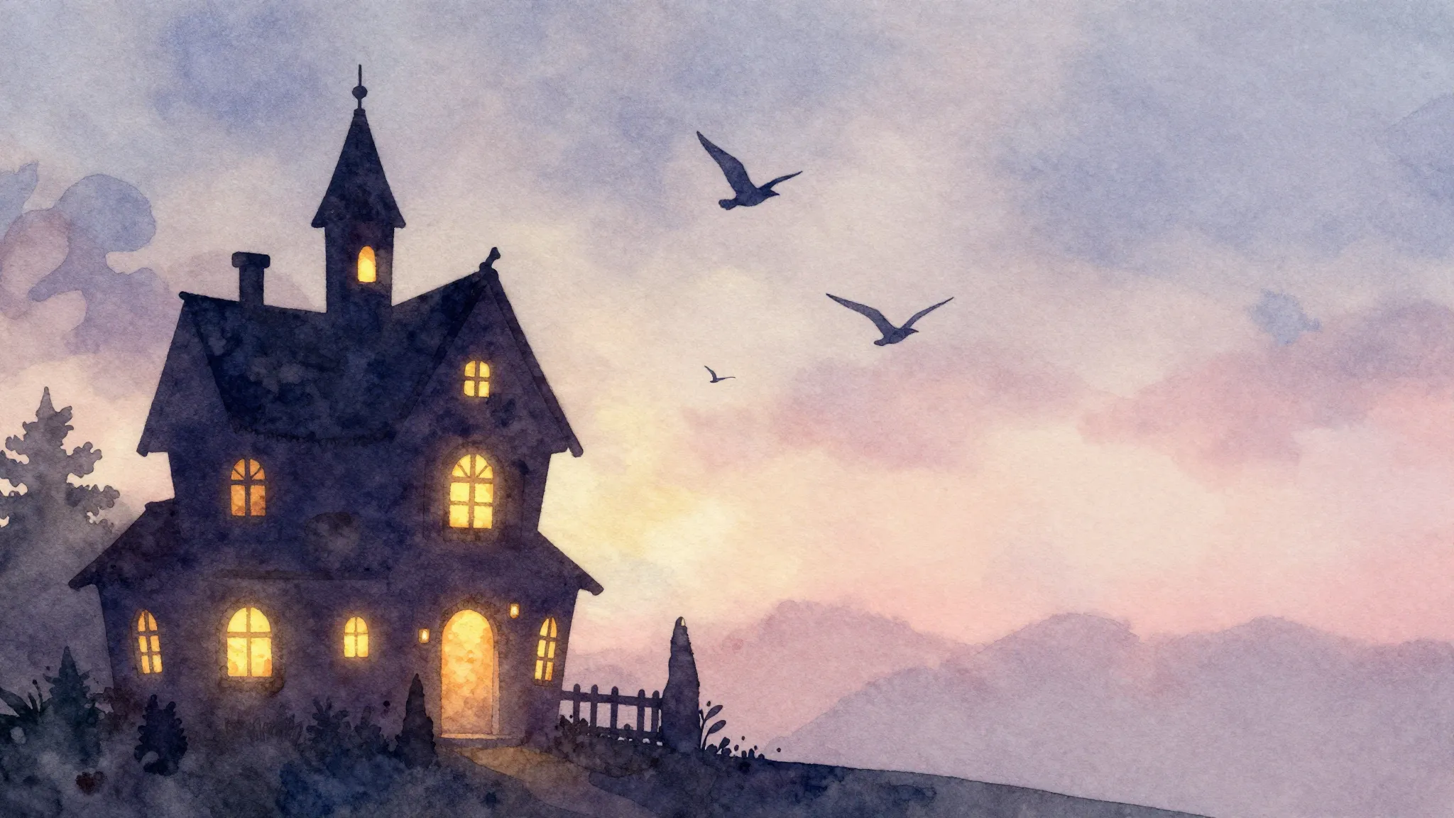 Watercolor style. Silhouette of a fairy tale house, warm glo...