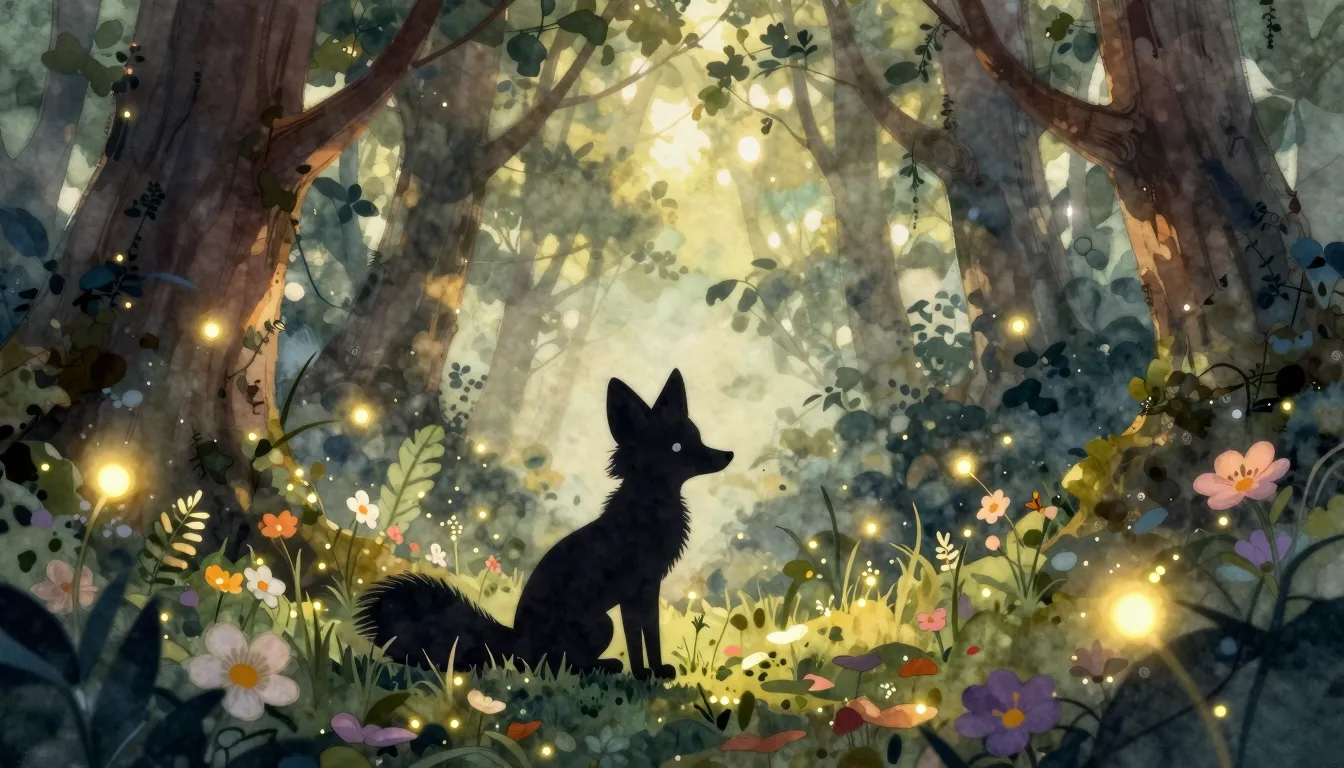 Watercolor style. Silhouette of a cute fox sitting in a magi...