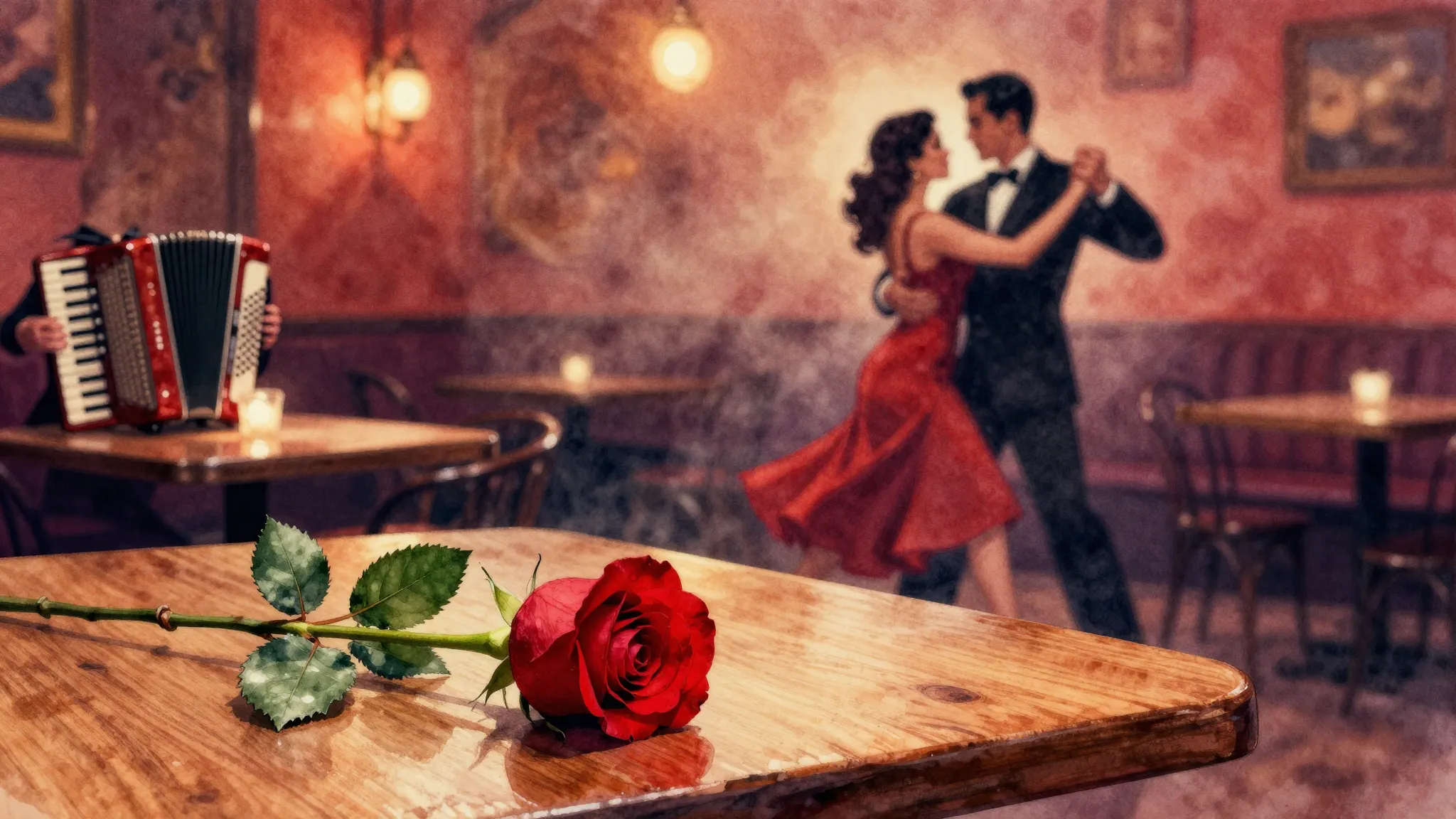 Vibrant watercolor style. Vintage tango atmosphere, a smoky ...