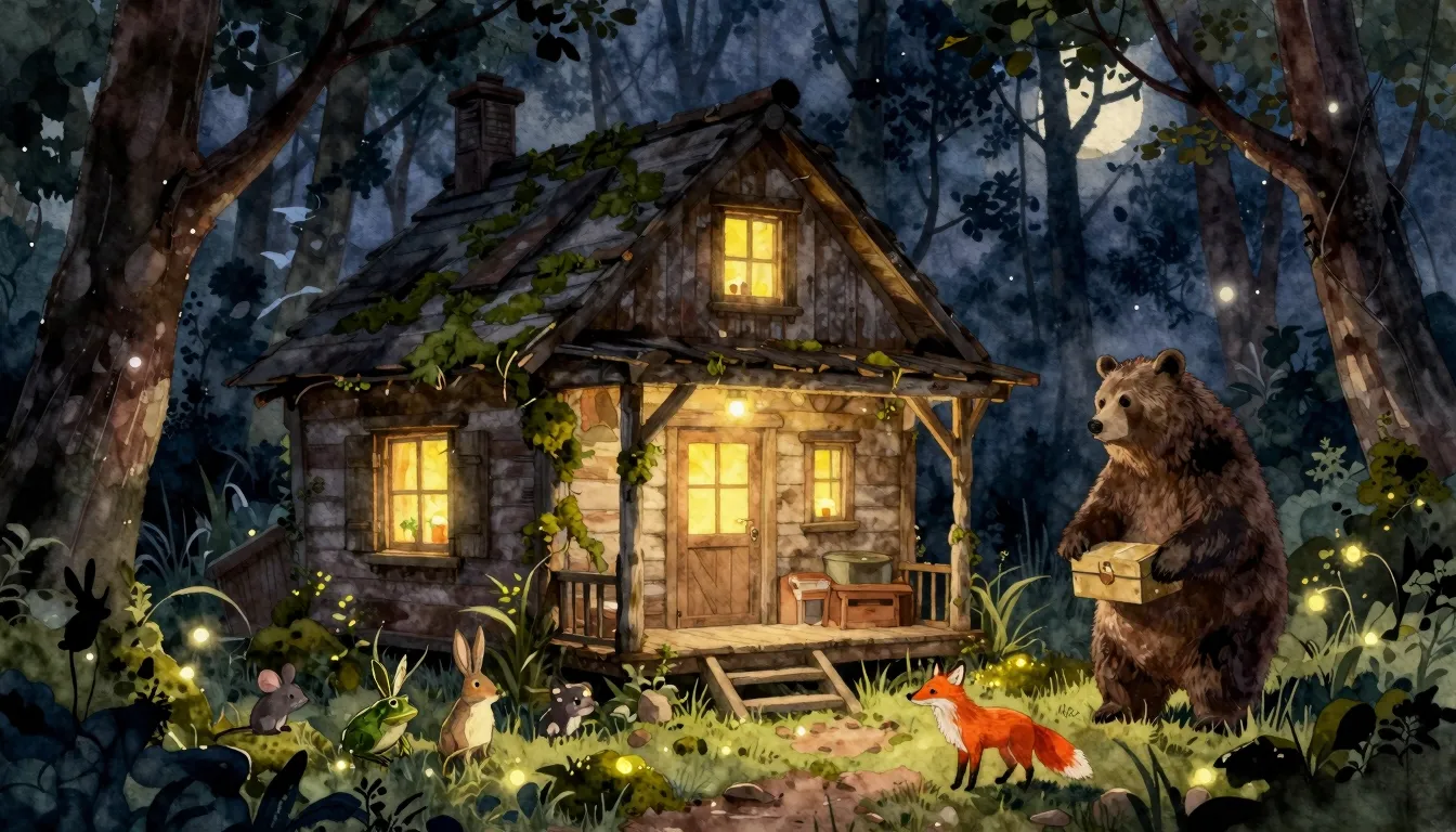 Watercolor style. A cozy abandoned cottage in the forest at ...