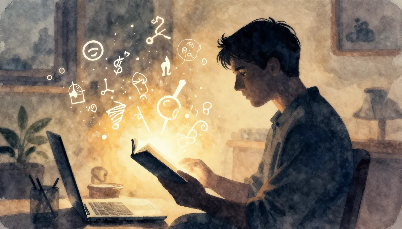 Watercolor style. A silhouette of a man reading a glowing bo...