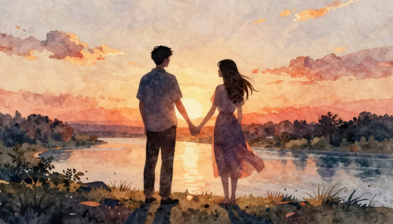 Watercolor style. Two silhouettes of a man and a woman holdi...