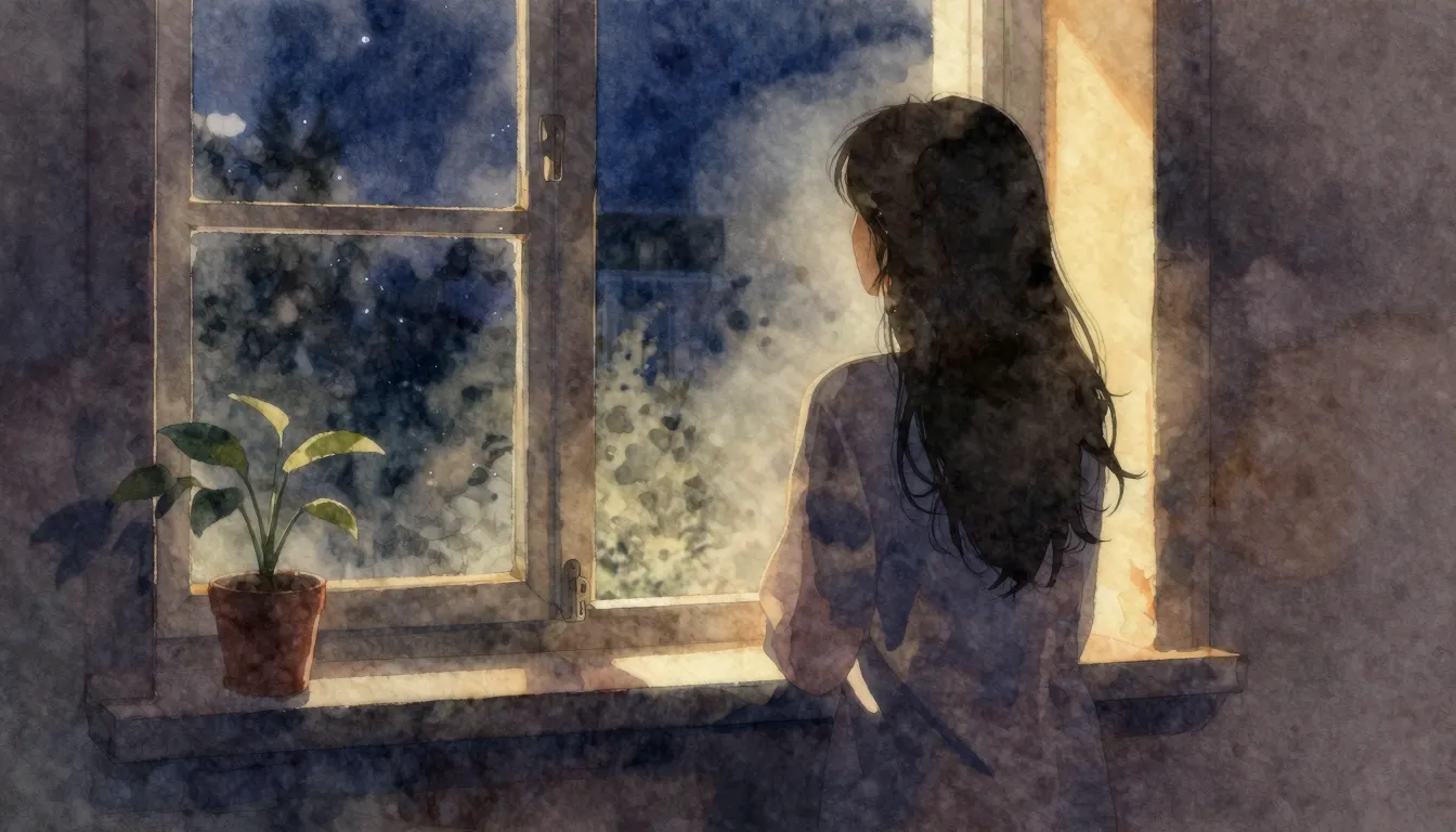 Watercolor style. Silhouette of a woman looking out a window...