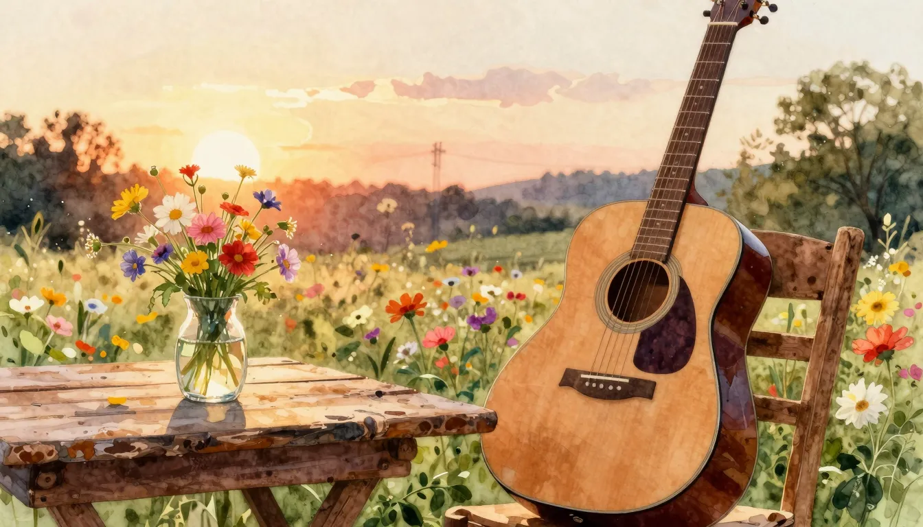 Vibrant watercolor style. A cozy rustic celebration scene, a...