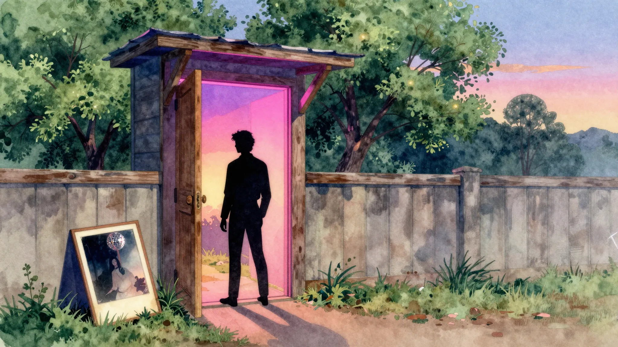 Vibrant watercolor style. Nostalgic disco style, a lonely si...