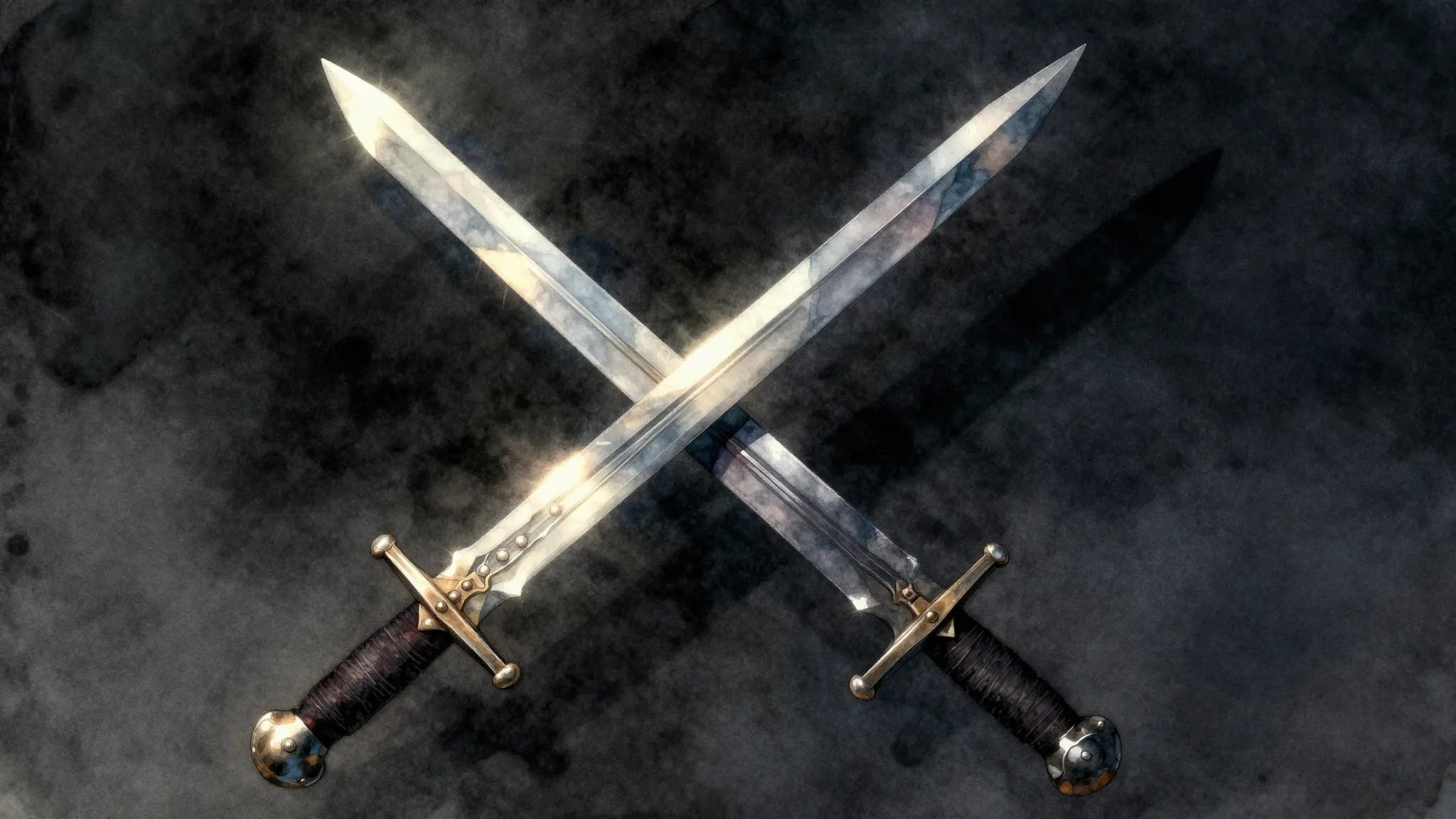 Vibrant watercolor style. Heavy metal album cover, two sword...