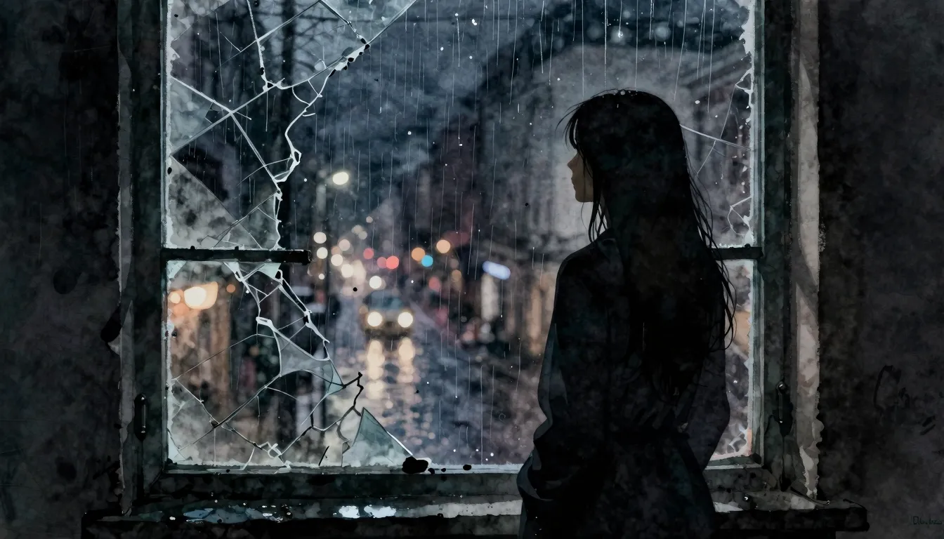 Watercolor style. Silhouette of a lonely woman standing by a...