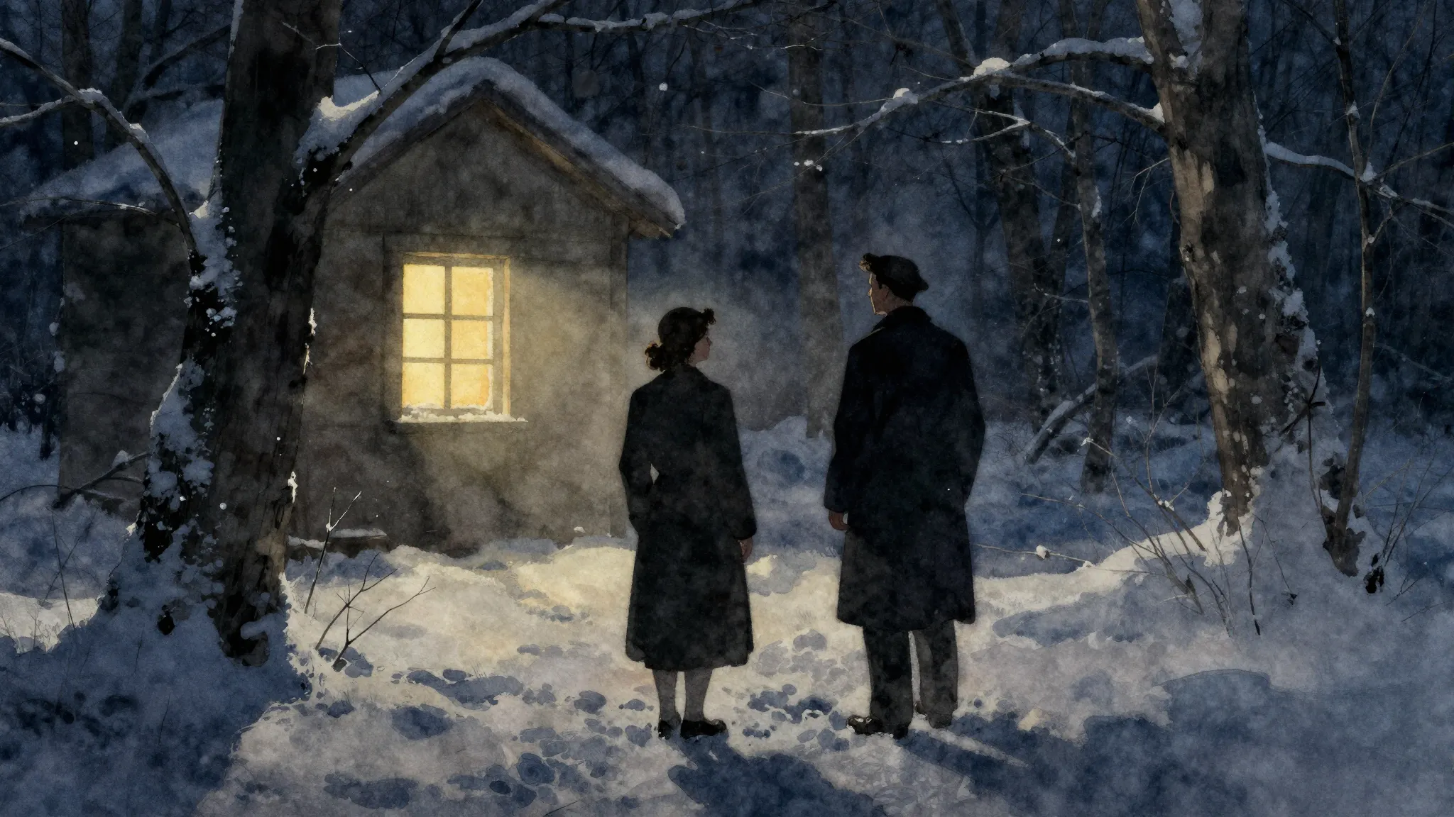 Watercolor style. Silhouette of two figures standing in a sn...