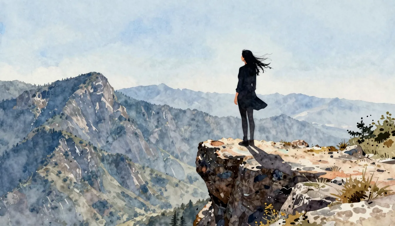 Watercolor style. Silhouette of a female standing on a high ...