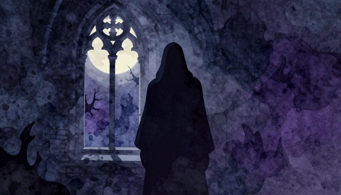 Watercolor style. A dark silhouette of a mysterious figure s...