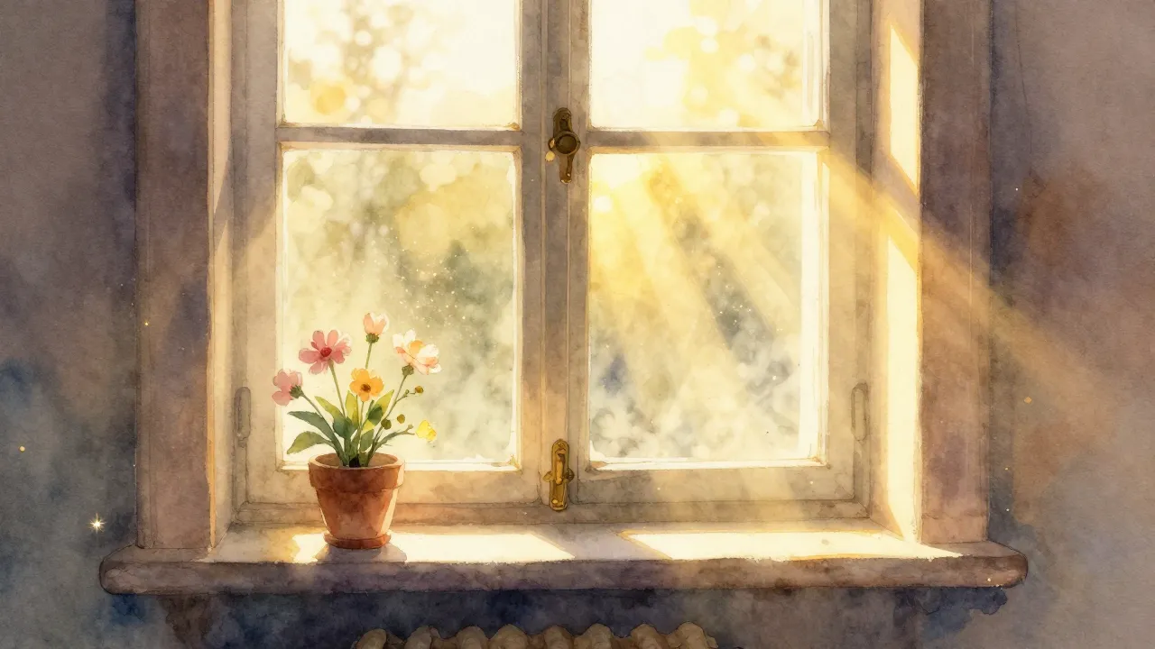 Watercolor style. A cozy room interior bathed in warm mornin...