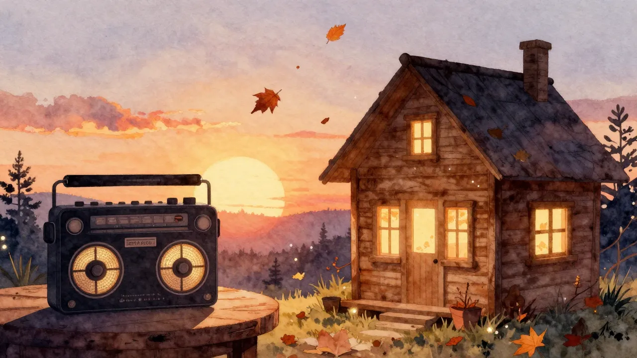 Watercolor style. A cozy wooden house silhouette at sunset, ...