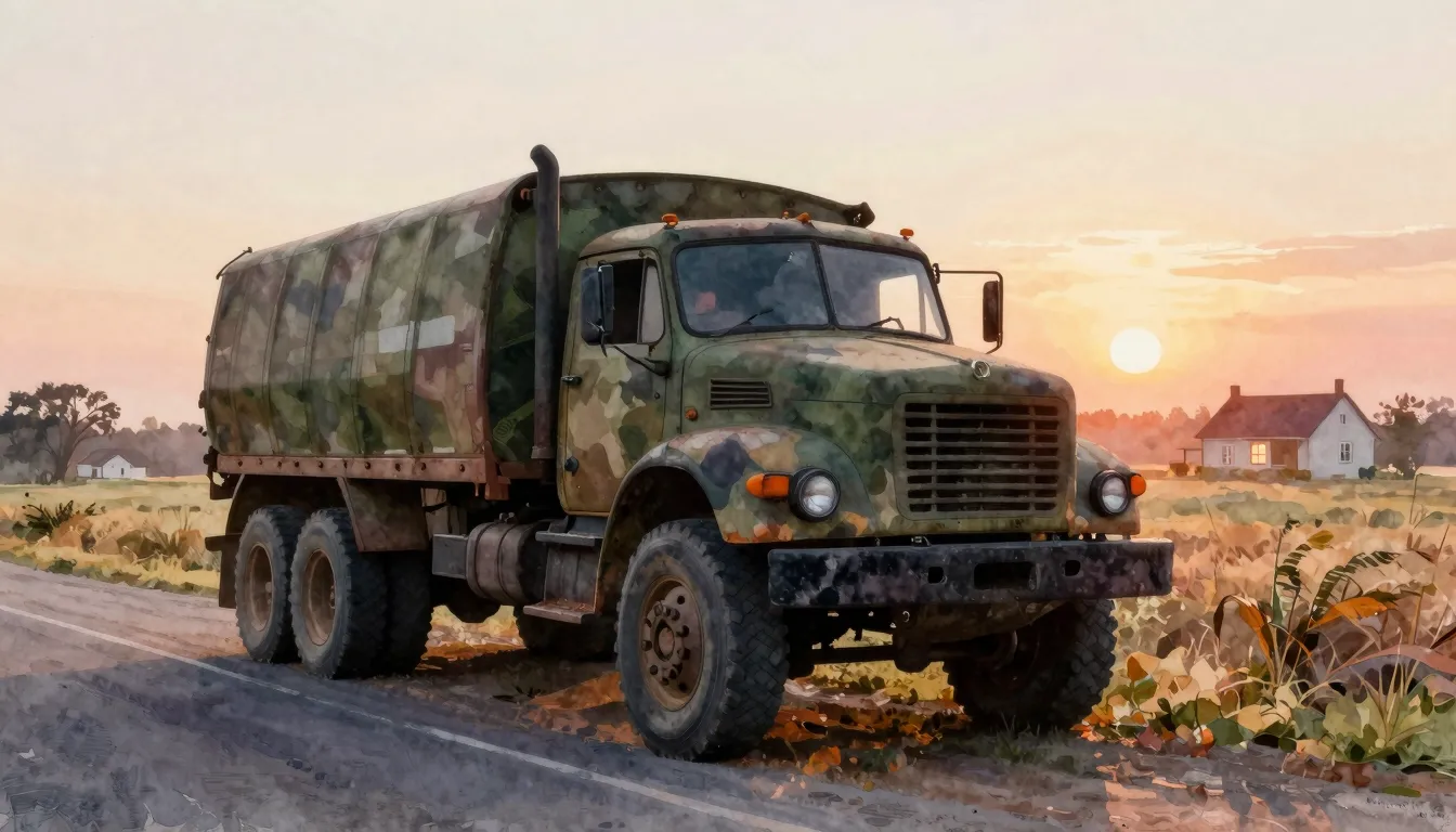 Vibrant watercolor style. A dusty, abandoned heavy truck par...