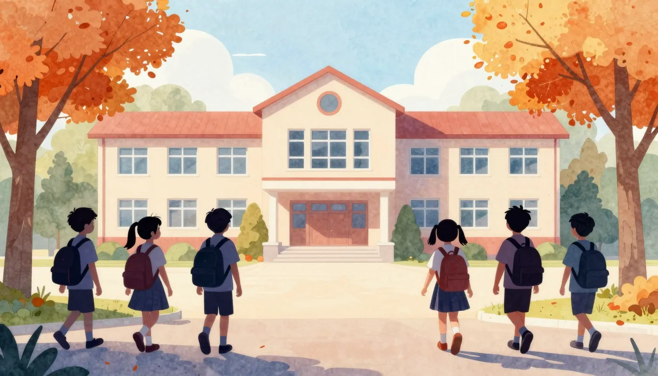 Watercolor style. Silhouettes of small children with backpac...