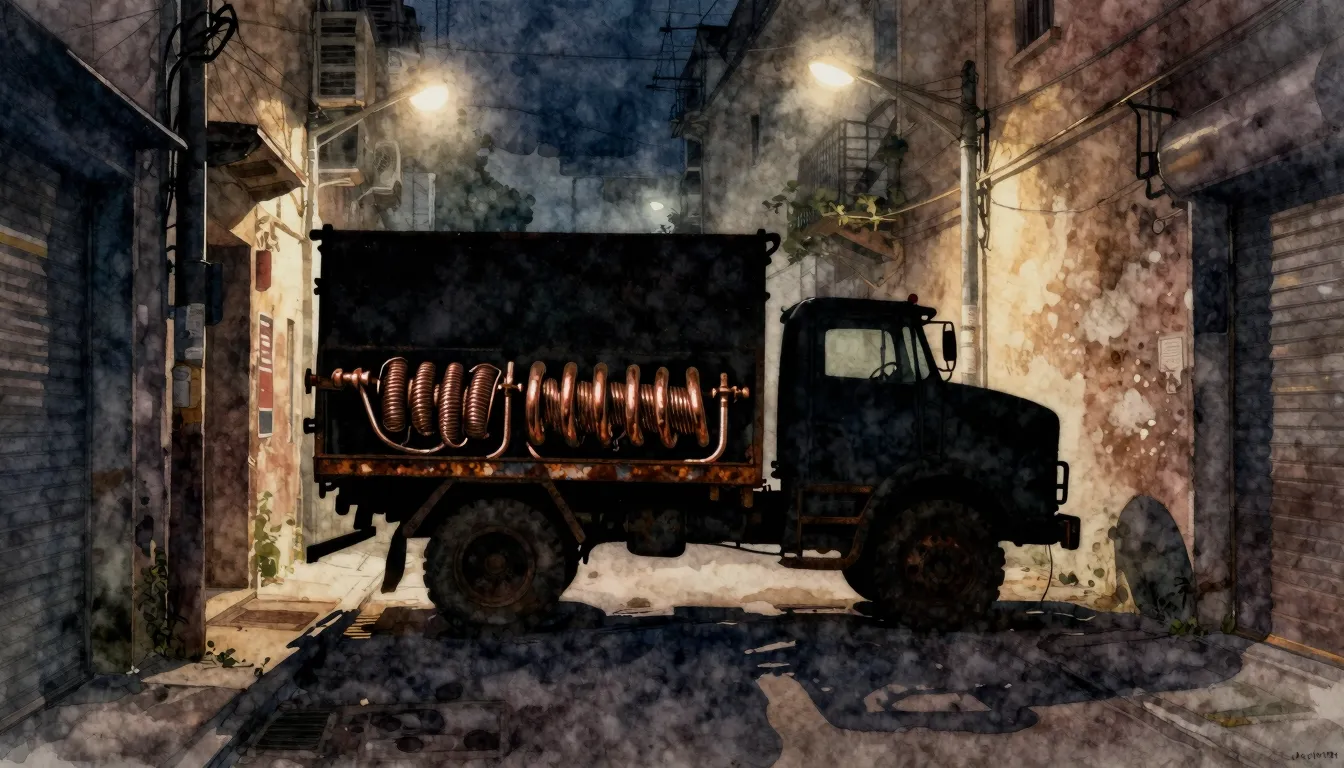 Watercolor style. Dark urban alley silhouette, rusty truck s...
