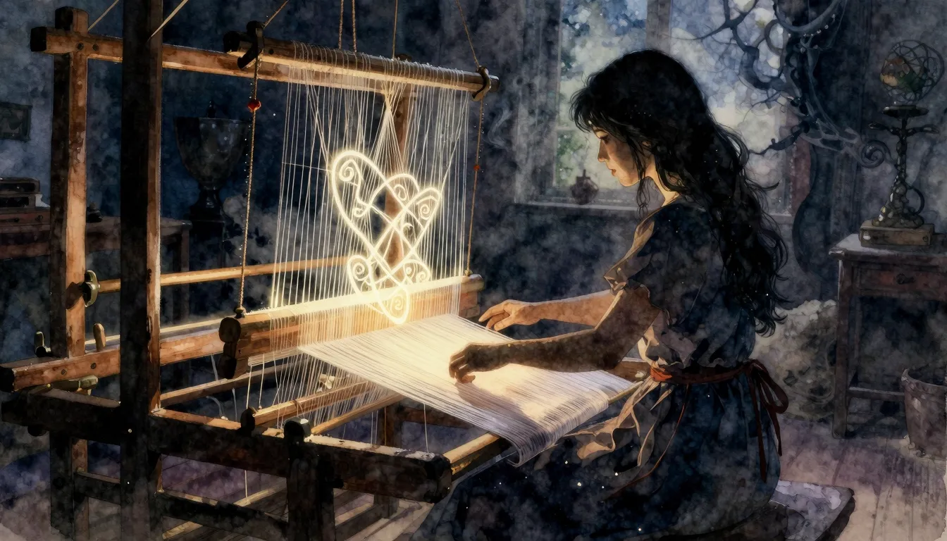 Watercolor style. A silhouette of a woman weaving on an old ...