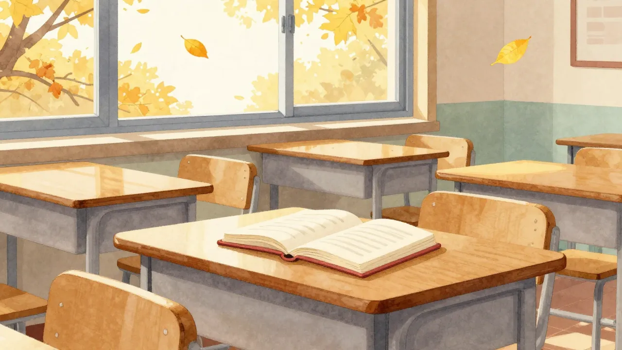 Watercolor style. A cozy classroom interior with wooden desk...