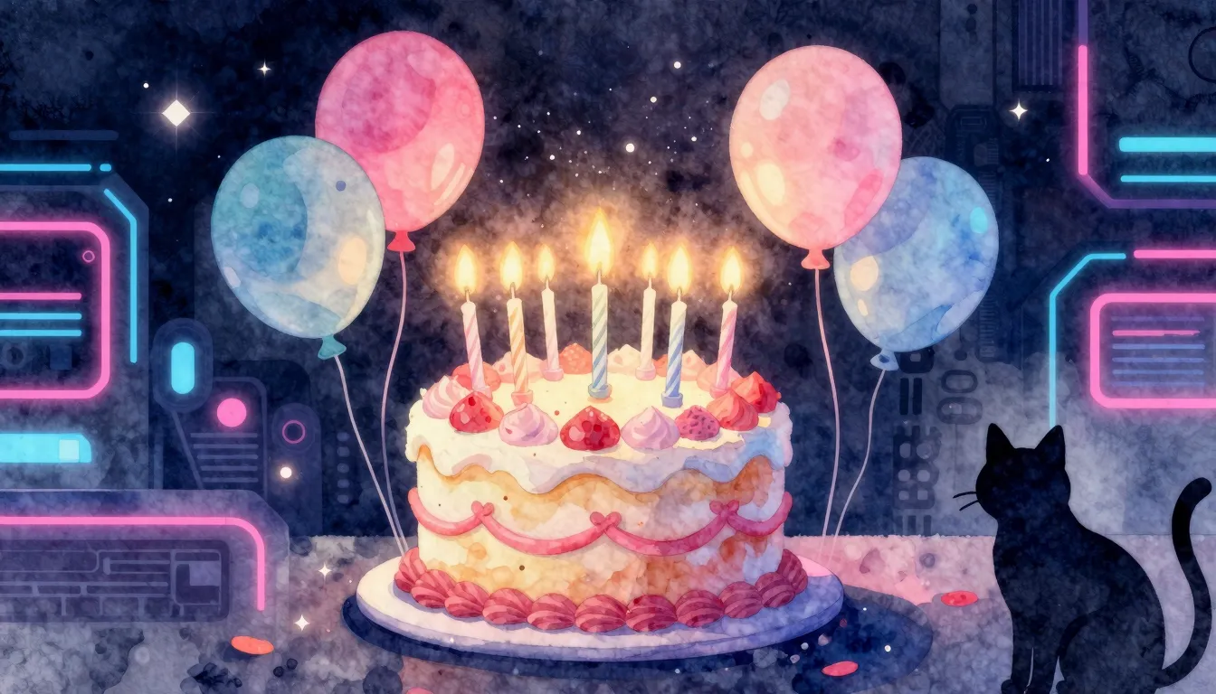 Watercolor style. A bright birthday cake with glowing candle...
