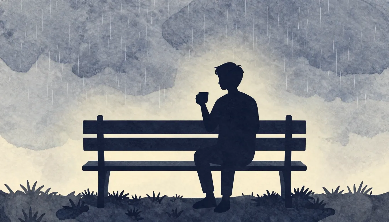 Watercolor style. A silhouette of a person sitting on a benc...