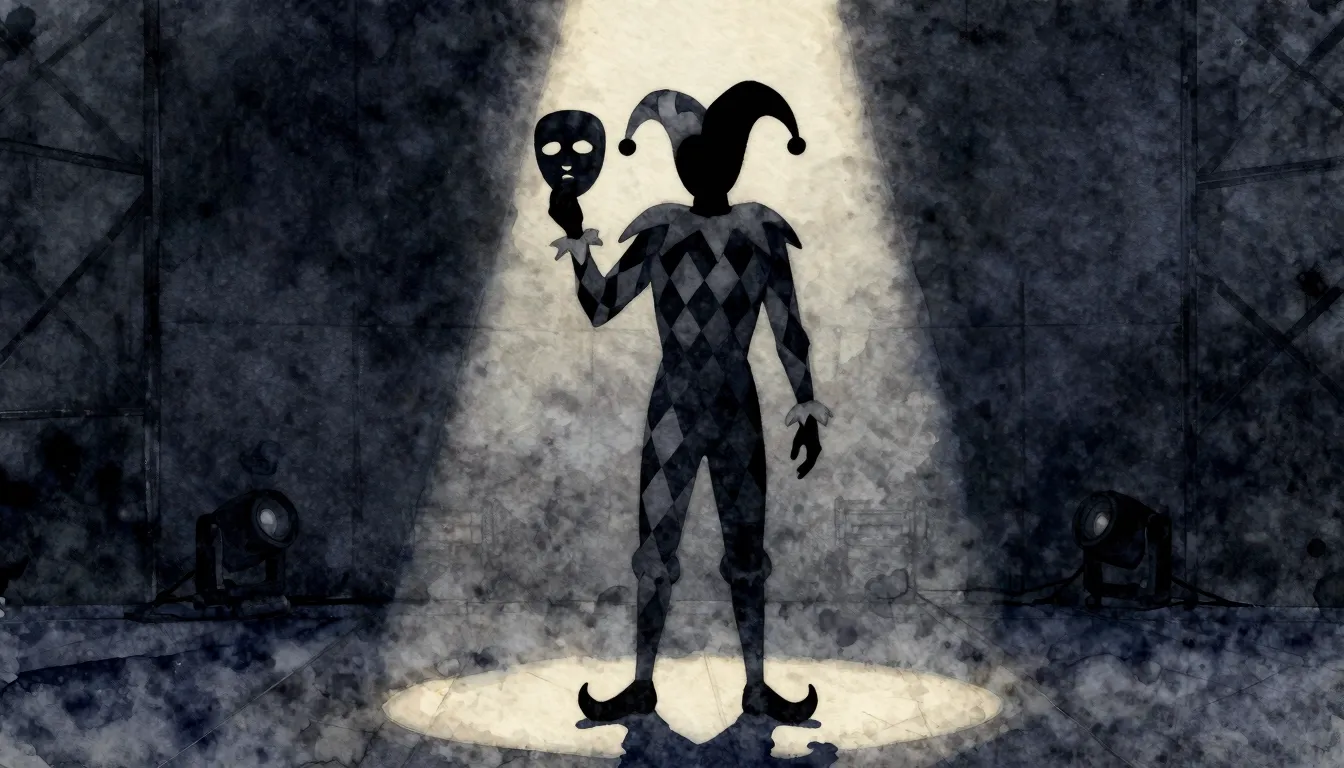 Watercolor style. Silhouette of a jester in a diamond-patter...