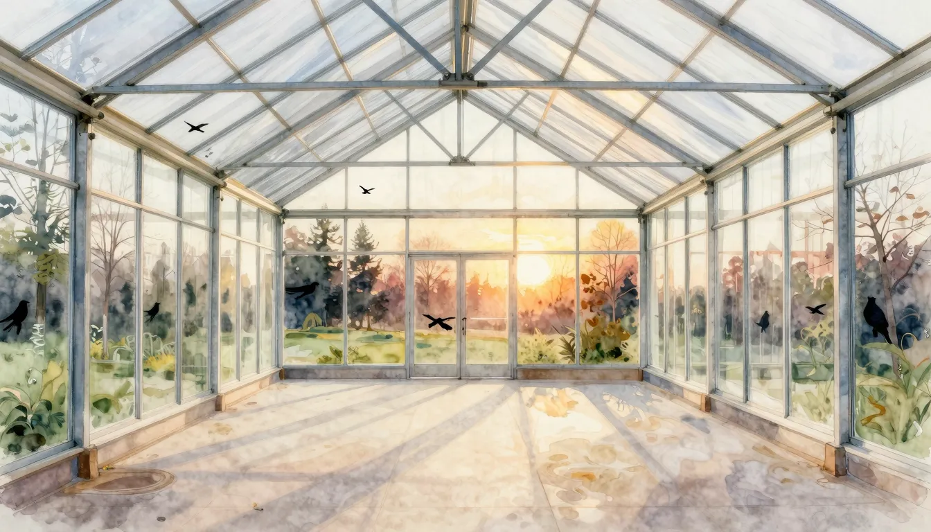 Watercolor style. Empty clean greenhouse interior, glass wal...