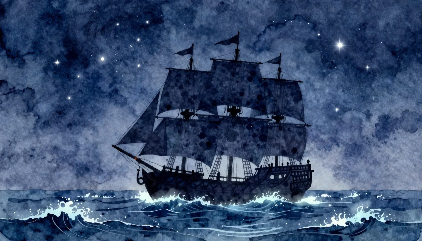 Watercolor style. Silhouette of a ghost ship sailing on maje...