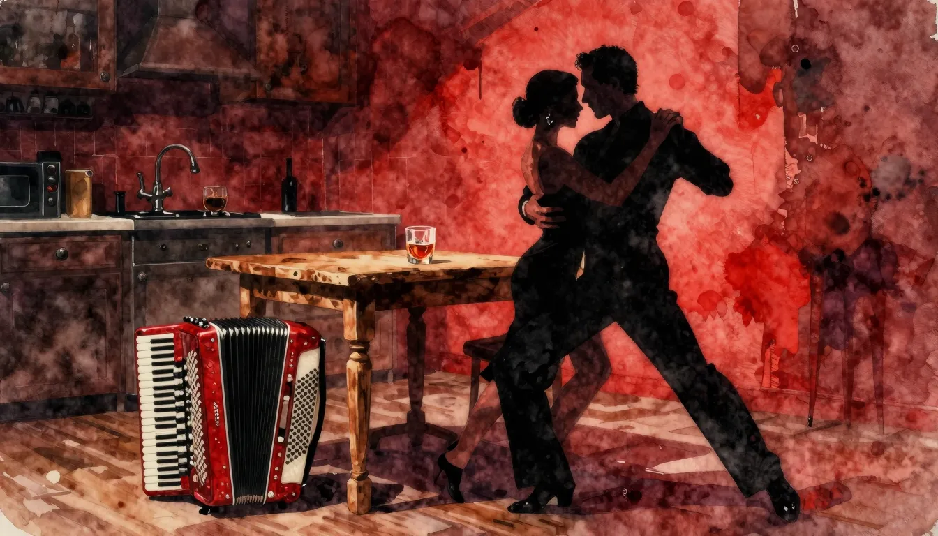 Vibrant watercolor style. A dramatic tango-themed album cove...