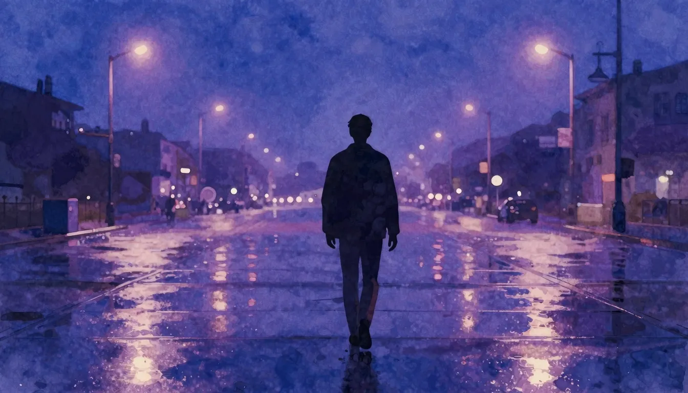 Vibrant watercolor style. A lonely silhouette walking throug...