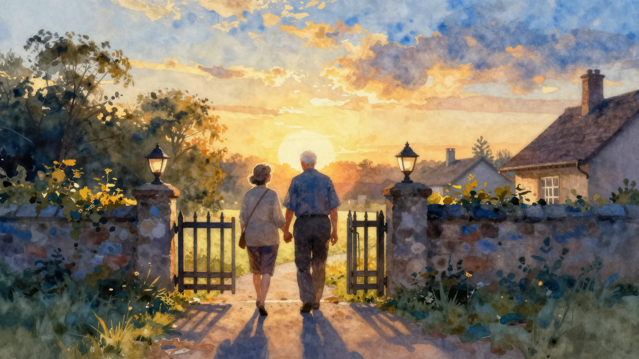 Vibrant watercolor style. An elderly couple's silhouettes ho...