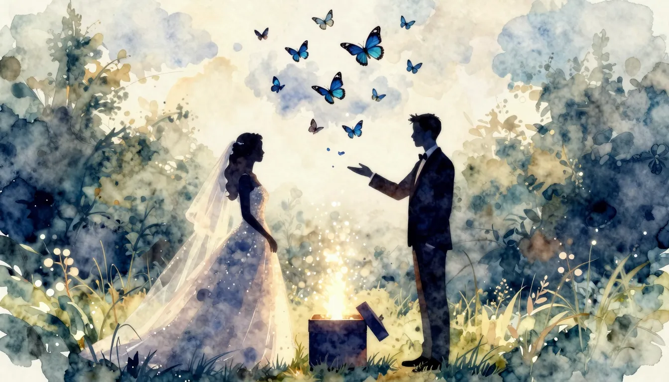 Watercolor style. Silhouettes of a bride and groom releasing...
