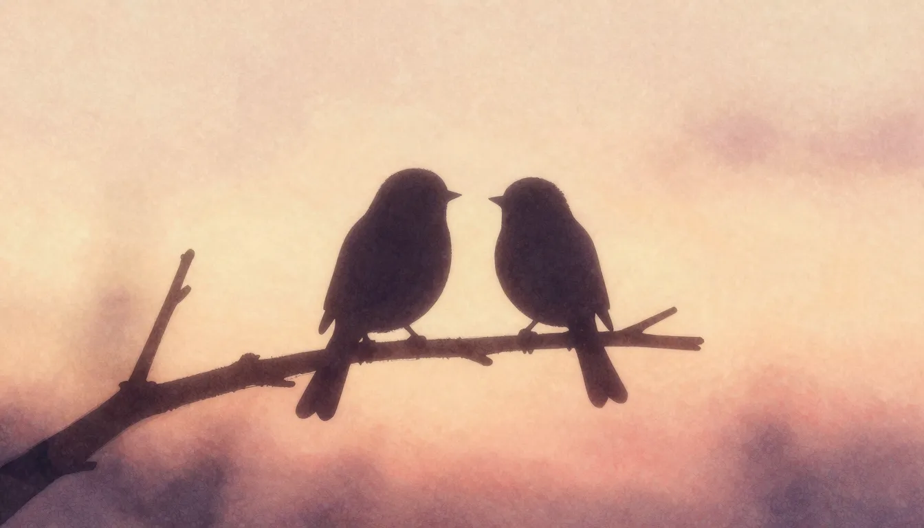 Watercolor style. A gentle silhouette of two birds sitting o...