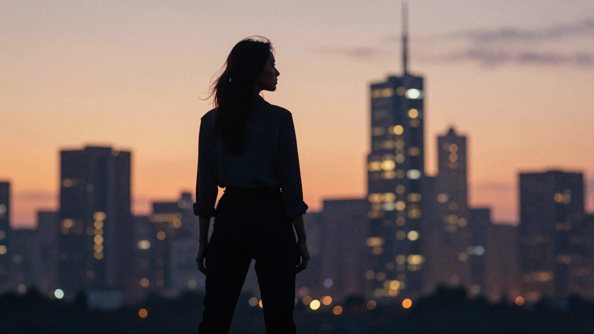 Watercolor style. A silhouette of a woman standing strong ag...