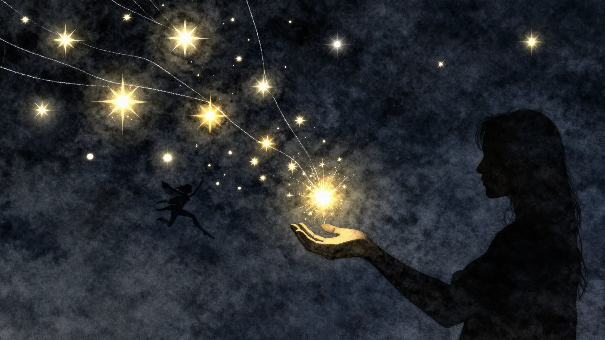 Watercolor style. A dark velvet night sky filled with bright...
