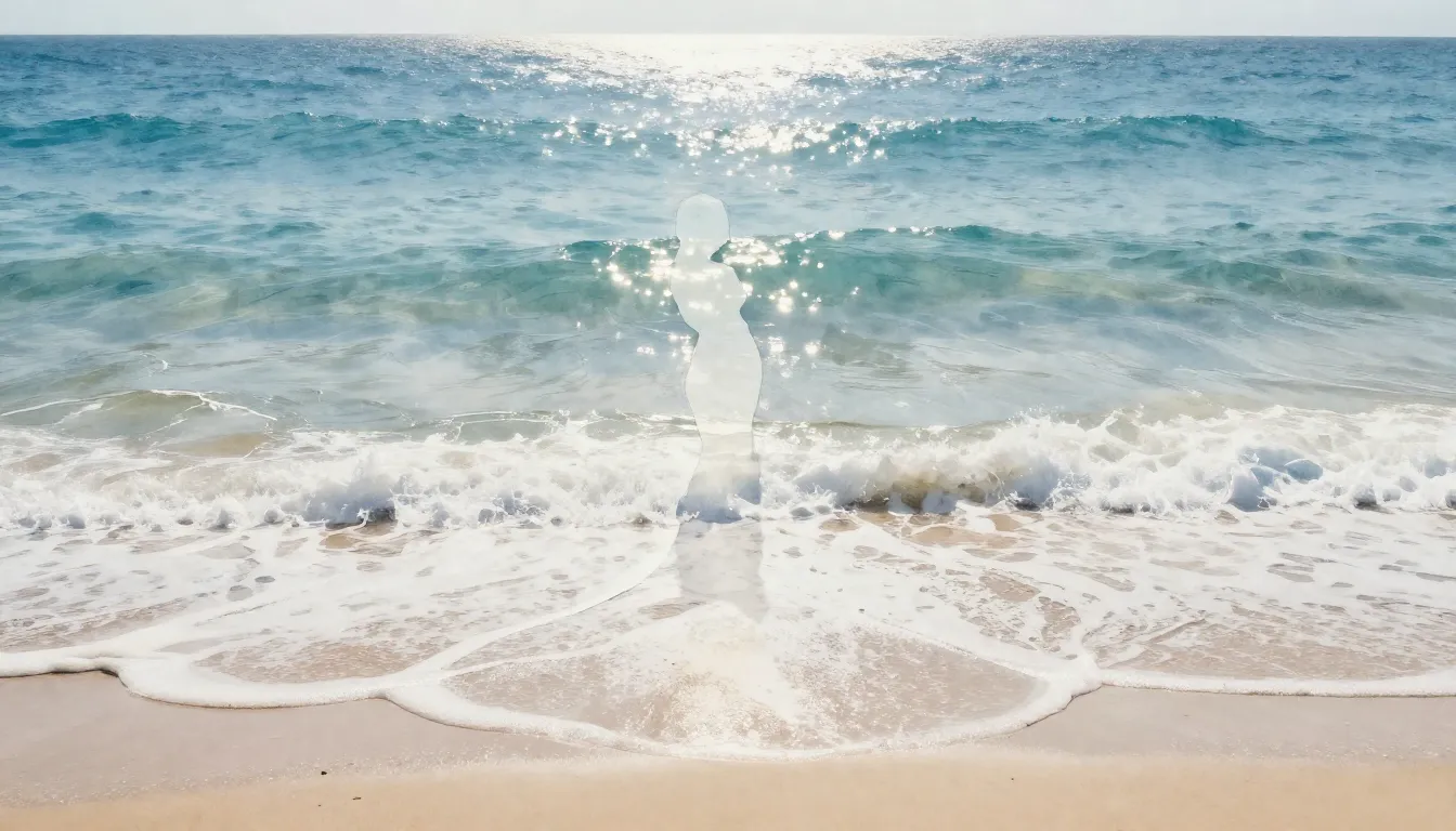 Watercolor style. A serene ocean shore at noon, soft sunligh...