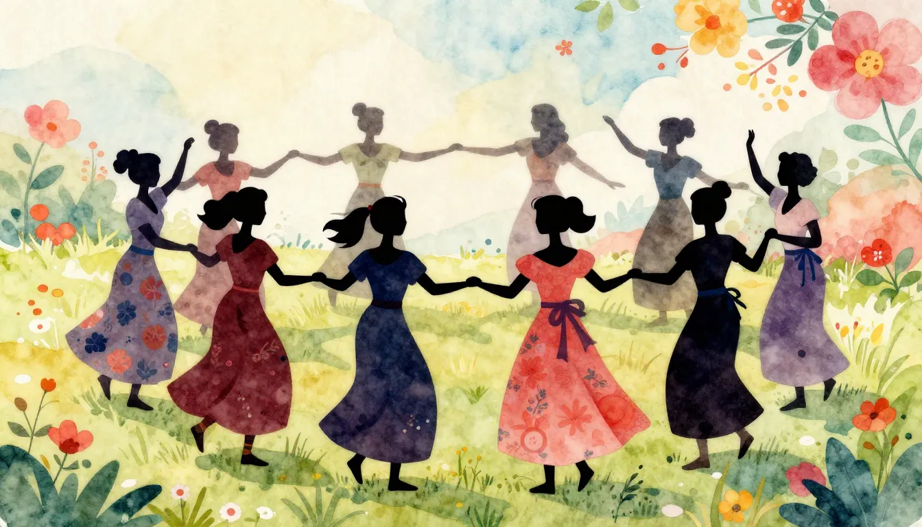 Watercolor style. Silhouettes of women in traditional long d...