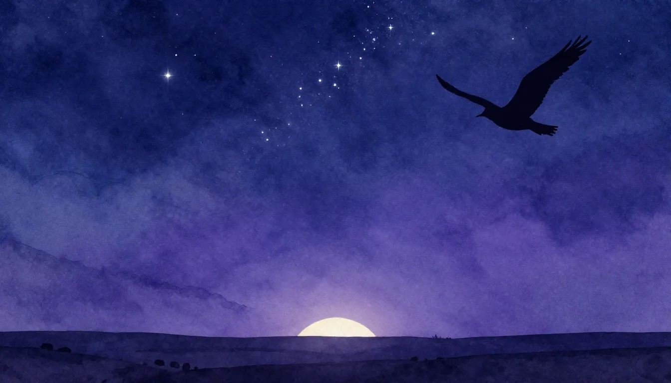 Watercolor style. Silhouette of a lonely bird flying across ...