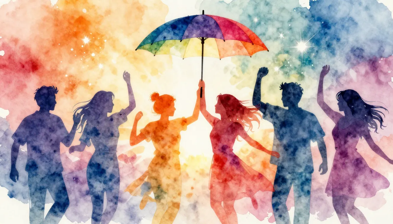 Vibrant watercolor style. A vibrant group of silhouettes dan...