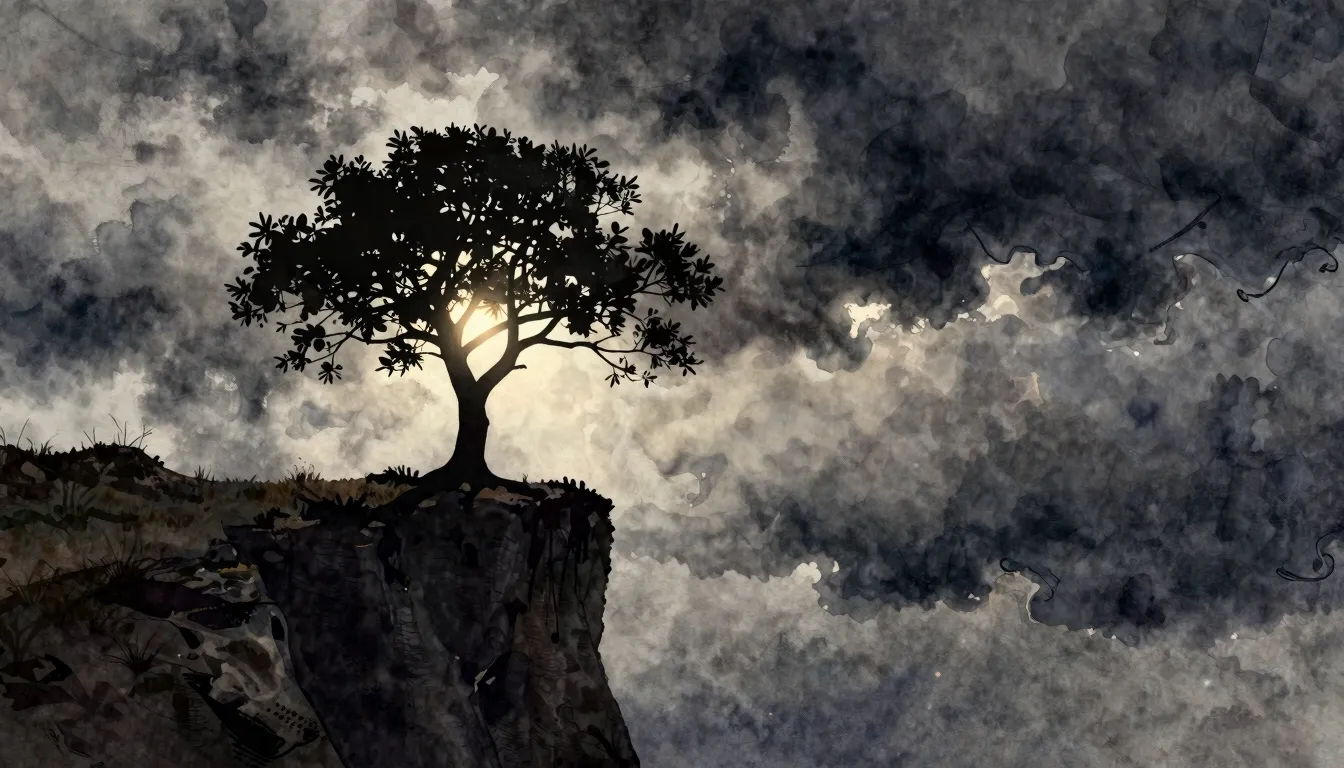 Watercolor style. Silhouette of a lone tree standing strong ...